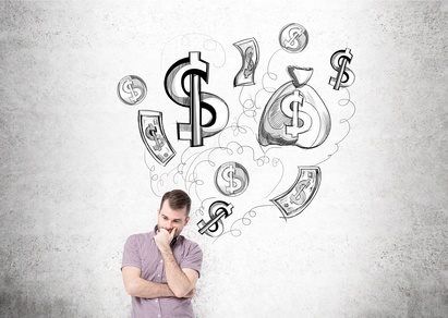 Casual man thinking about money on concrete background